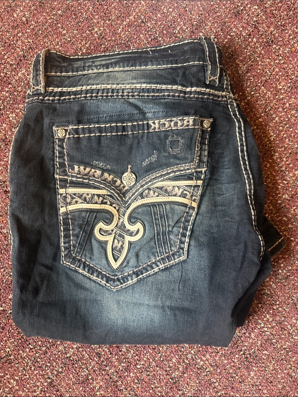 Rock Revival Dark Blue Boot Cut Jeans with Cream Embroidery